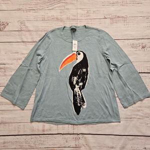 Ann Taylor Factory Blue Cotton Long Sleeve Knit Toucan Sweater Wide Arm NWT Med